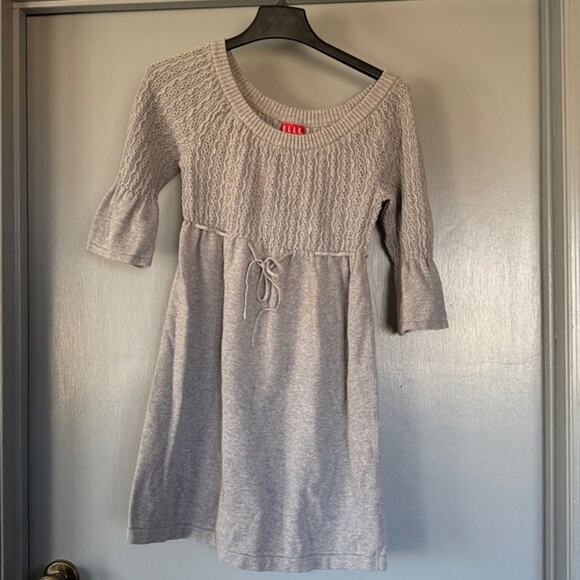 Elle Dresses & Skirts - Elle Women's Gray Cotton Sweater Dress sz S  3/4 Bell Sleeves Waist Tie